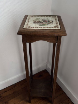 Vintage wooden plant stand with decorative tiled top