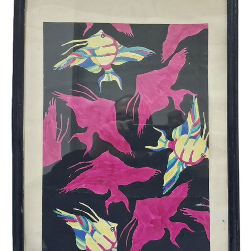 Original watercolor painting used, decorative fish, 42×32 cm framed