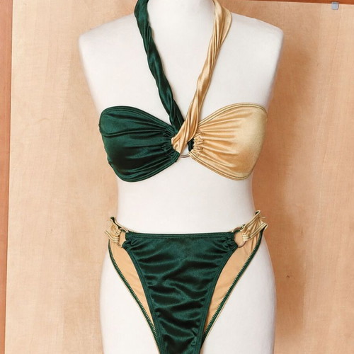 Emerald Green & Gold Metallic Bikini Set (M) – Halter Neck
