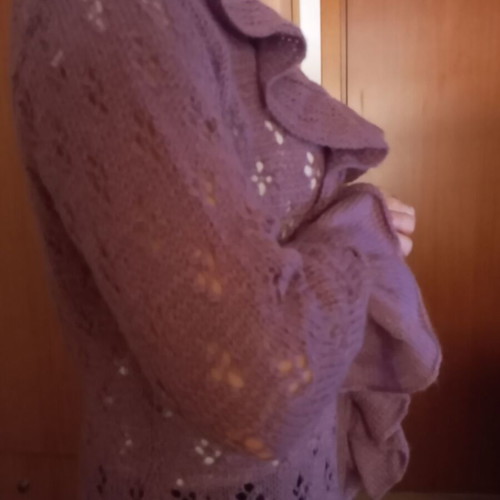 Handmade cardigan used, asymmetrical with ruffles, pink