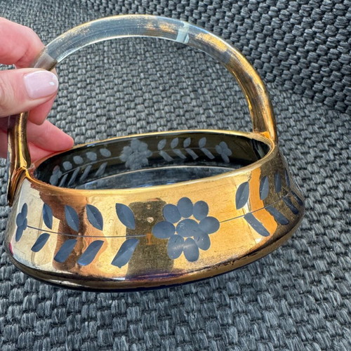 Bohemian amber glass basket used with gold encrusted floral decoration