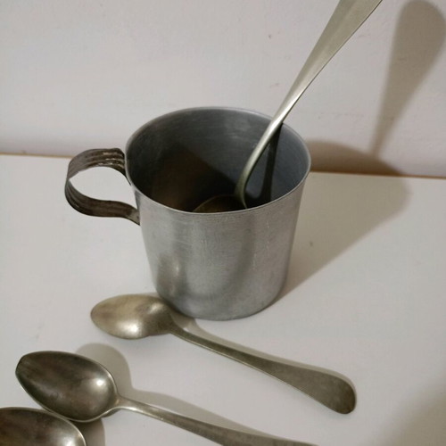 Soldier cup and 4 spoons used, alpaca Benendorf Baycher