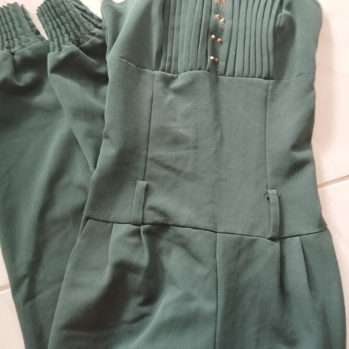Strapless jumpsuit dark green with smocking and elastic legs, used, size S