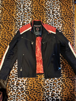 Biker jacket used, size M, black and red