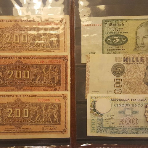 Pack of 18 old used banknotes from Greece, Italy, Germany, Yugoslavia