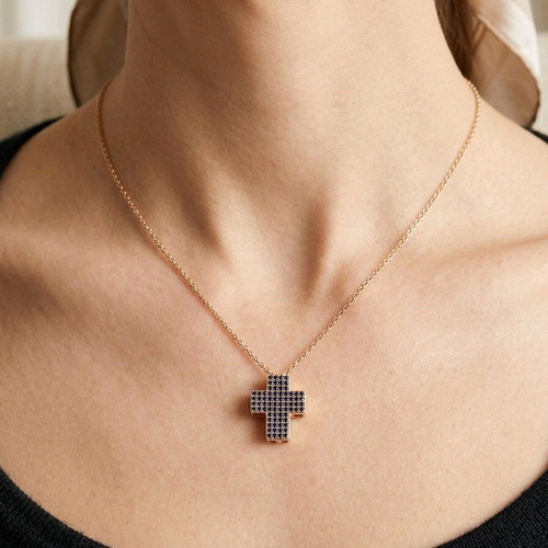 Chain with cross and white zircons like new, gold color