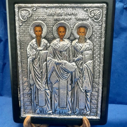 Metal icon The Three Hierarchs new on black background 23×18 cm