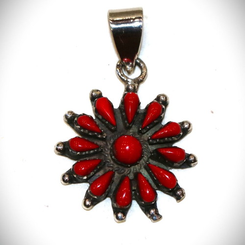 Pendant necklace with raw red coral and 925 sterling silver Navajo Indian