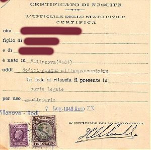 Πιστοποιητικό Γέννησης Ιδιώτη από Villanova (Παραδείσι Ρόδου), Rodi Egeo 1942, με 2 Χαρτόσημα Ιταλικά (Lire Due & Lire Quatro), (II).