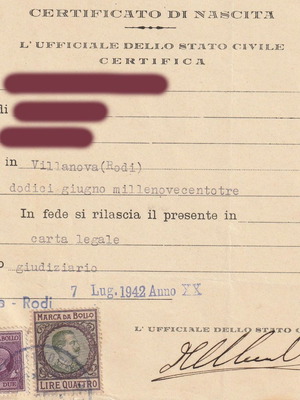 Πιστοποιητικό γέννησης ιδιώτη μεταχειρισμένο από Villanova Ρόδου 1942 με 2 ιταλικά χαρτόσημα