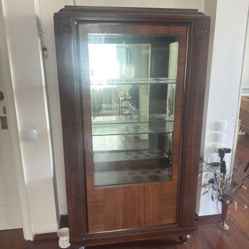 Vintage wooden display cabinet used with glass door and shelves