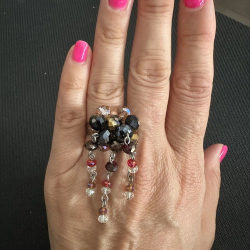 Statement ring with hanging crystal beads, like new, adjustable