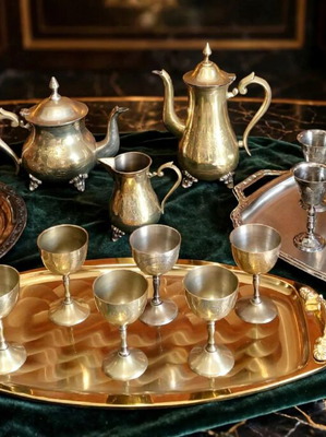 Vintage collection of 3 silver-plated and brass serving sets
