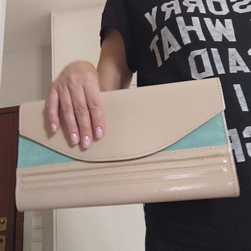 Handbag used, beige and turquoise, formal with chain rings