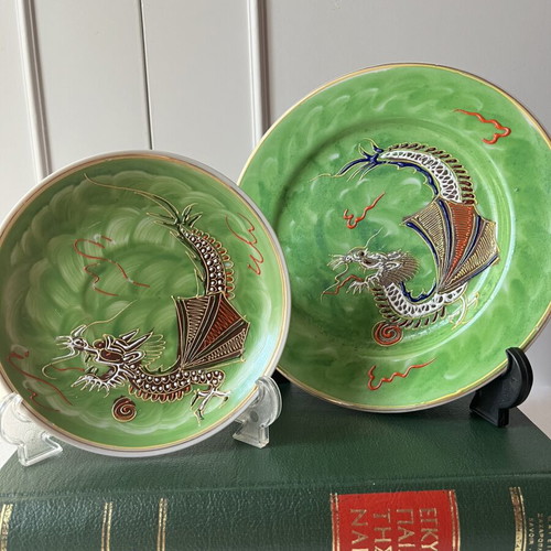 Vintage Japanese Dragonware Moriage Porcelain Plates set of 2 used