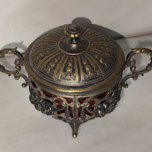 WMF Art Nouveau antique fondue sugar bowl used with red glass lining