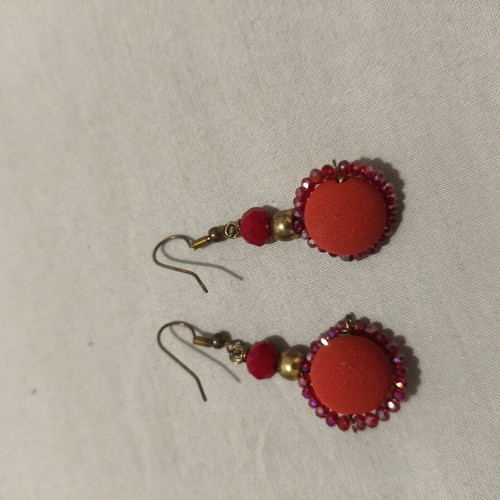 Handmade dangling earrings with red crystal and velour beads like new