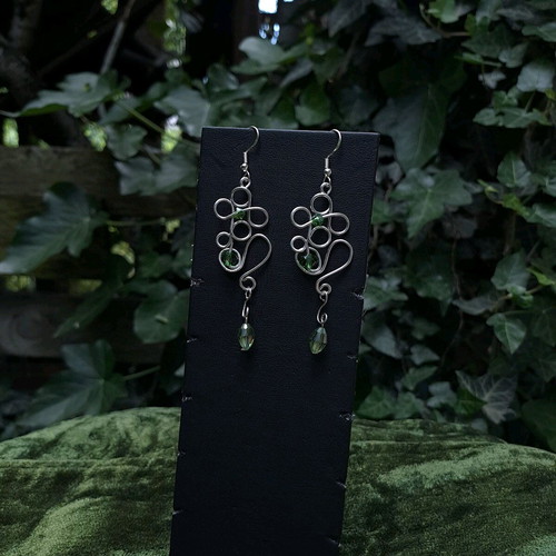 Wire-Worked Botanical Earrings new, silver and green