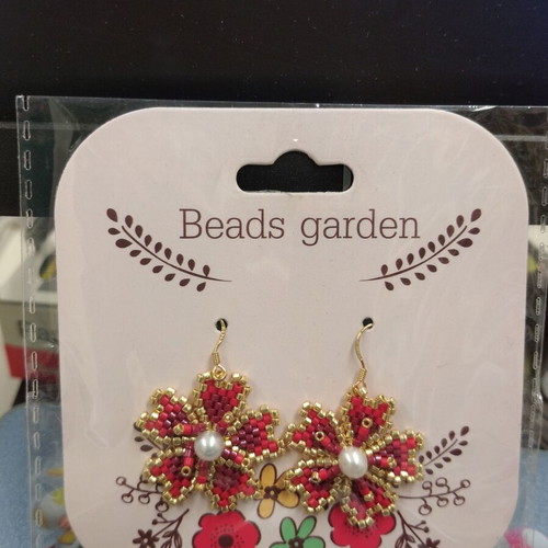 Handmade flower earrings red and gold, new