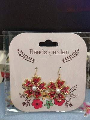 Handmade flower earrings red and gold, new