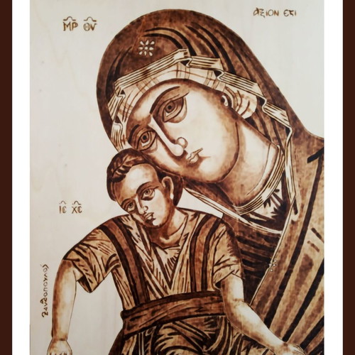Pyrography painting The Virgin Mary of Axion Esti new on linden wood