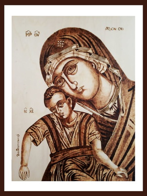 Pyrography painting The Virgin Mary of Axion Esti new on linden wood
