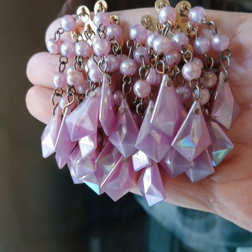 Vintage cluster earrings with pink beads and iridescent crystals, like new