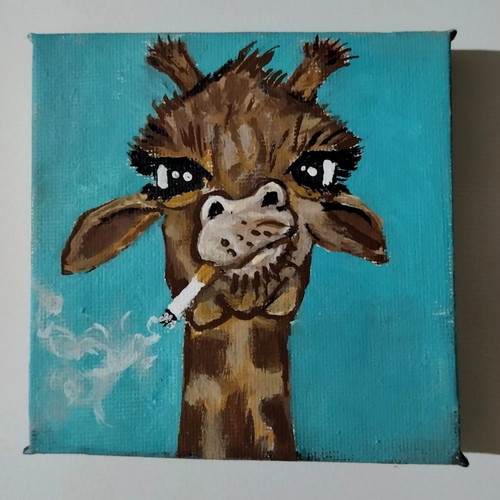 Set of 2 Handmade Surreal Frog and Smoking Giraffe Paintings