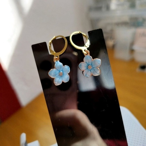 Handmade hypoallergenic earrings new, gold hoops with blue iridescent flowers