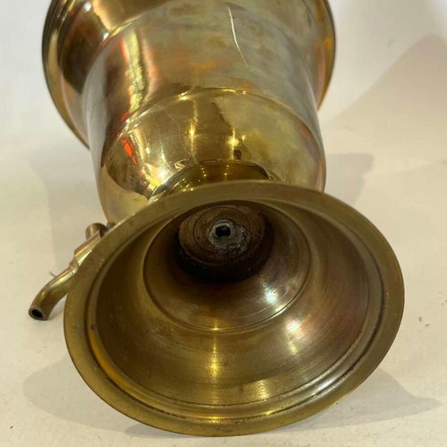 Vintage brass amphora with tap and lid, rustic decoration