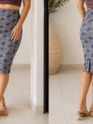 Lynne medium skirt, beige and blue, high waist
