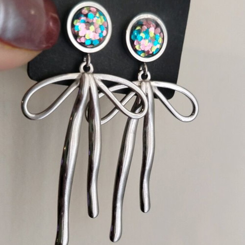 Glitter Ribbon Earrings made of steel, custom order, blue and silver