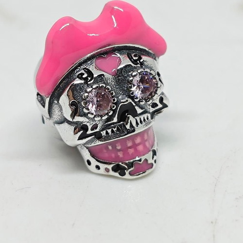 Sugar Skull Charm with Pink Hat and Crystals Silver 925 like new