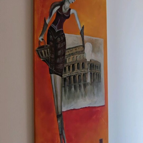 Canvas paintings like new, set of 4 in red-orange shades