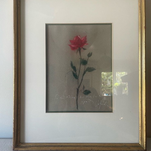 Wax pastel artwork Red Rose with dedication by Michalis Vafeiadis like new