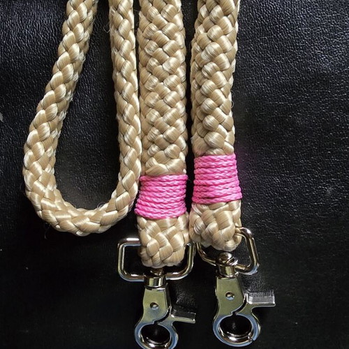 Short reins for pony or Shetlander, beige with light pink and metal snaps