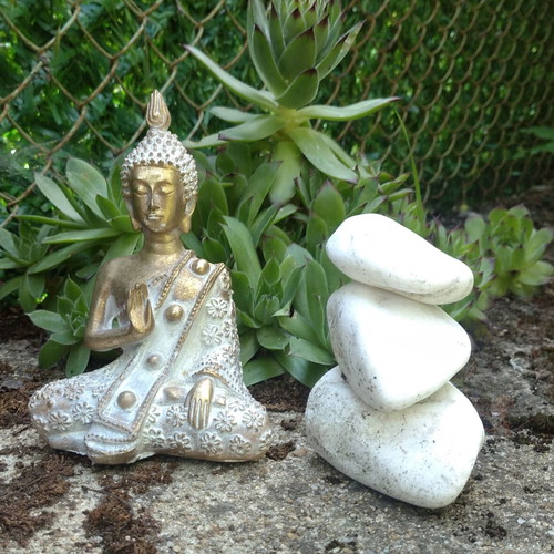 Feng Shui Sitting Buddha Statue used, resin, gold and white