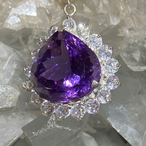 Silver pendant with large cut natural amethyst stone and moissanites, new