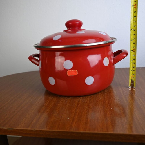 Vintage enamel pot red with white polka dots used
