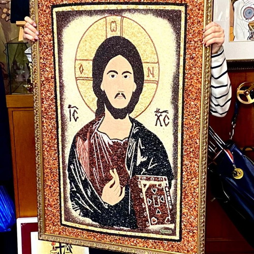 Christ Mosaic with Precious Stones, Handmade, New 66x95cm