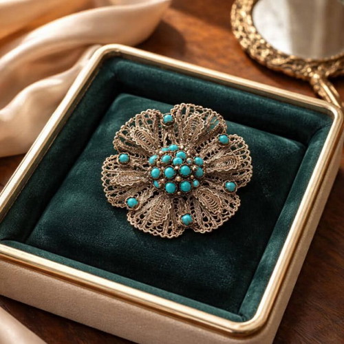 Vintage silver brooch used with turquoise stones