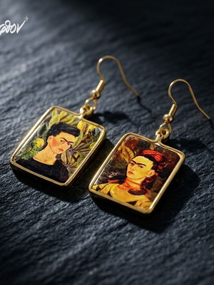 Frida Kahlo earrings new, handmade, multicolor, gold-tone