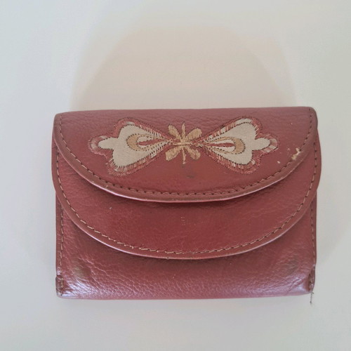 Leather women's wallet used, handmade, red with white flowers