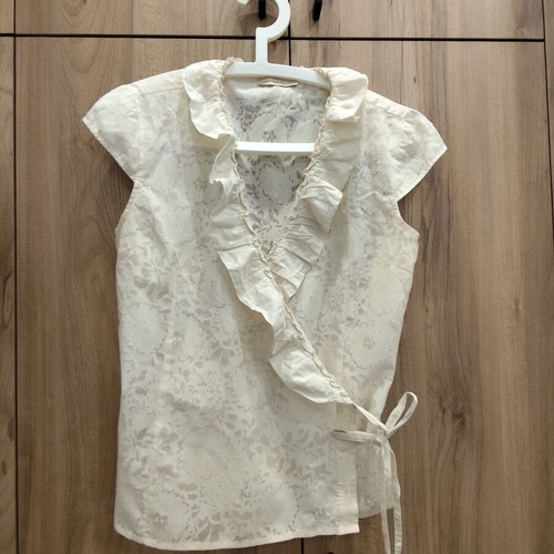 Fransa Ecru Wrap Top with Ruffles and Side Tie, Like New
