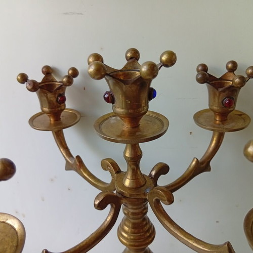 Brass candlestick with inlaid stones, 30.5 cm