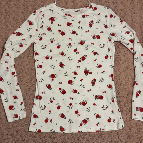 Cotton blouse thin long-sleeve white with red flowers like new, size M