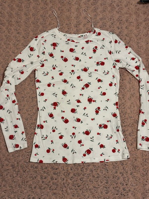 Cotton blouse thin long-sleeve white with red flowers like new, size M