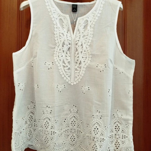 White sleeveless blouse new, romantic boho style with eyelet embroidery