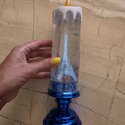 Decorative water globe with blue Eiffel Tower, used, lights up