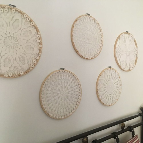 Handmade crochet wall decor on wooden hoops like new, set of 3